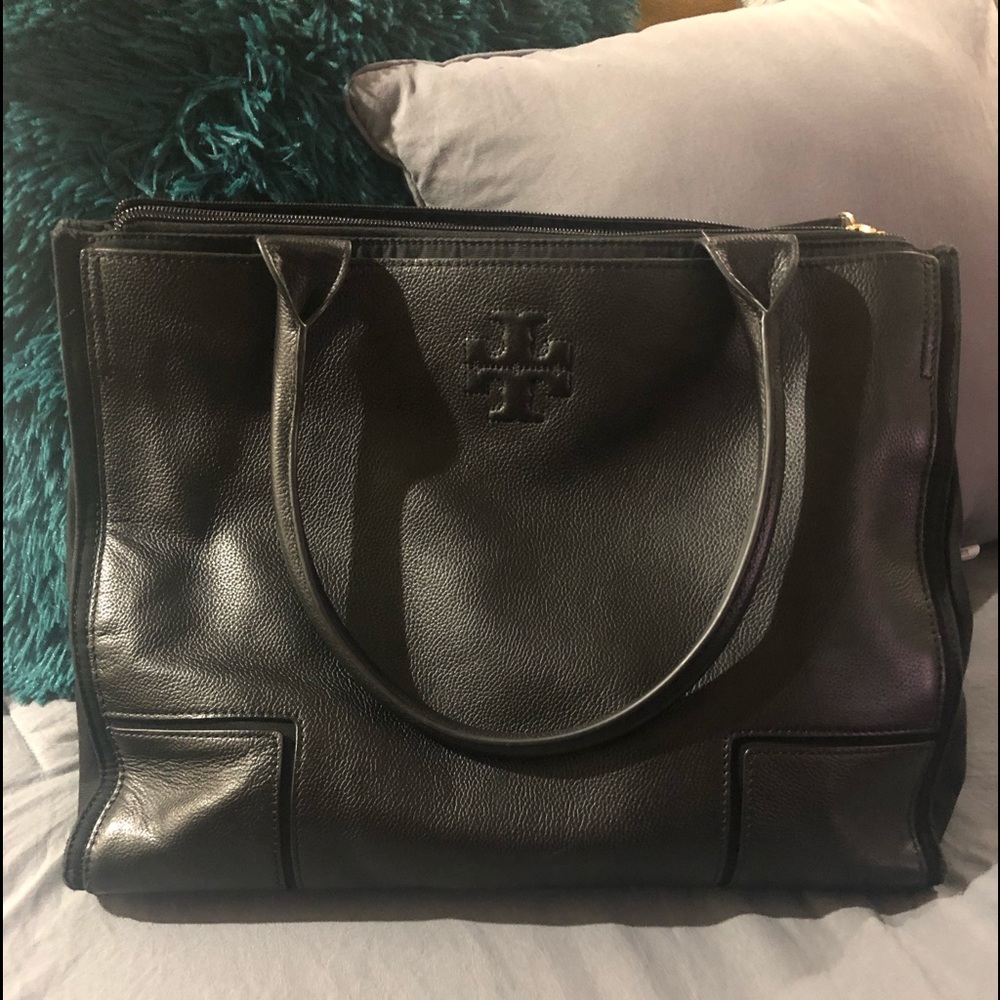 Tory Burch  black leather canvas tote.